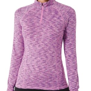 Zengjo Long Sleeve Running Shirts Women Half Zip with Thumb Holes(Marled Pink,M)