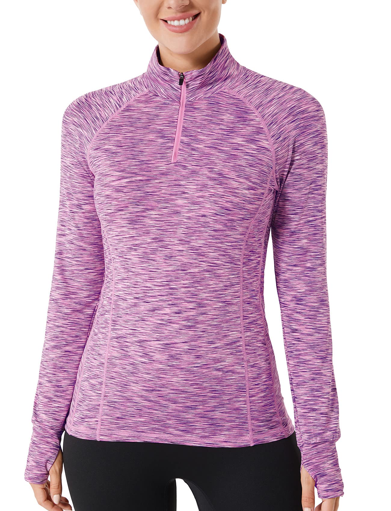 Zengjo Long Sleeve Running Shirts Women Half Zip with Thumb Holes(Marled Pink,M)