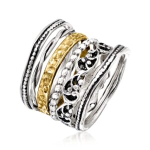 Ross-Simons Sterling Silver and 18kt Gold Over Sterling Jewelry Set: 6 Textured Rings. Size 9