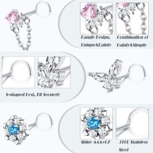 JOERICA 12Pcs 20G Dangle Nose Rings Nose Studs Corkscrew Dangle Nose Rings for Women Men Stainless Steel Nose Piercing Jewelry CZ Heart Moon Butterfly Nose Rings Studs Silver Tone