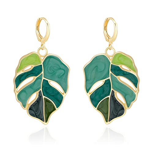 Gift Earrings Bohemian Green Leaf Earrings for Women, Enamel Jewelry for Women, Monstera Leaves Plant Pendant Drop Dangle Earrings for Women Mens with Box Gift Package, Hoop