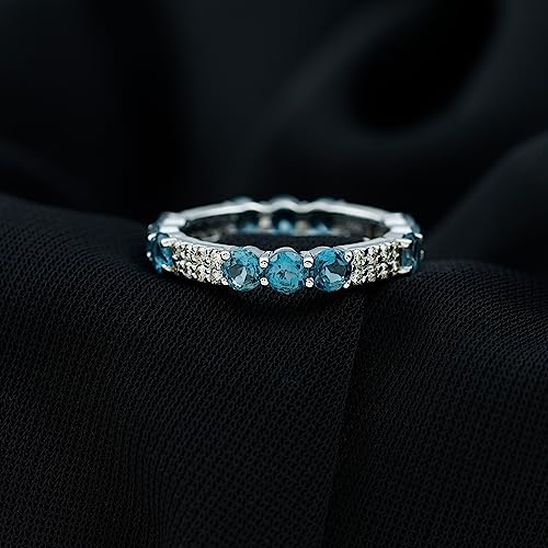 Natural Certified London Blue Topaz Diamond Eternity Band for Women, AAA Quality, Anniversary Ring - With Jewelry Box, 14K White Gold, Size:US 5.50