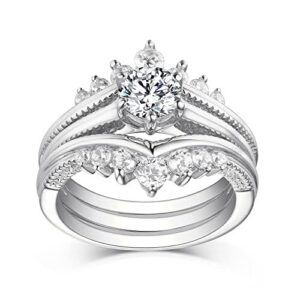 Engagement Ring for Women Bridal Sets 1Ct Round Moissanite Engagement Ring Set 3 Piece Set Wedding Ring Set Platinum Plated Silver Promise Rings Anniversary size10.5