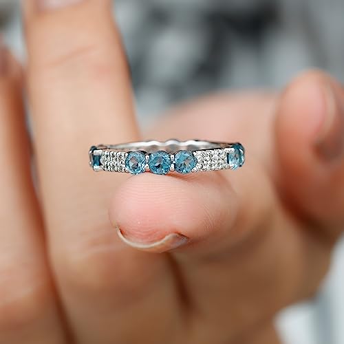 Natural Certified London Blue Topaz Diamond Eternity Band for Women, AAA Quality, Anniversary Ring - With Jewelry Box, 14K White Gold, Size:US 5.50