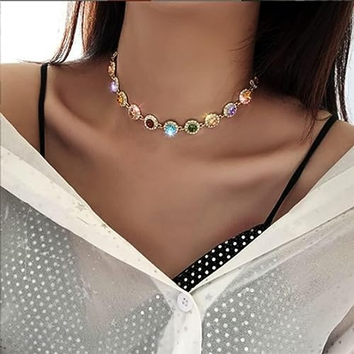 ACEDRE Colorful Crystal Choker Necklace Sparkly Rhinestone Chokers Necklaces Gold Chain Necklace Party Prom Neck Jewelry for Women(1-Colorful)