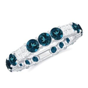 natural certified london blue topaz diamond eternity band for women, aaa quality, anniversary ring - with jewelry box, 14k white gold, size:us 5.50