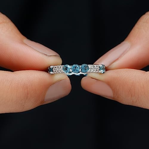 Natural Certified London Blue Topaz Diamond Eternity Band for Women, AAA Quality, Anniversary Ring - With Jewelry Box, 14K White Gold, Size:US 5.50