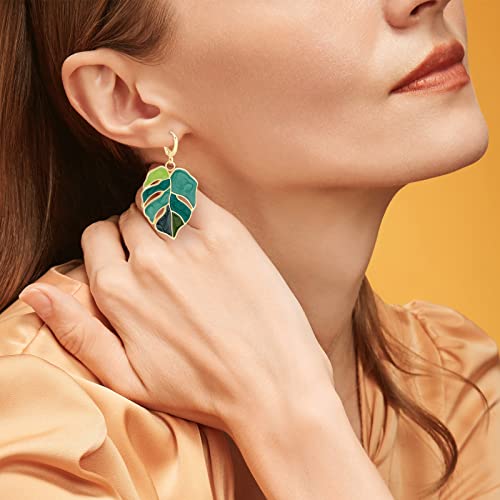 Gift Earrings Bohemian Green Leaf Earrings for Women, Enamel Jewelry for Women, Monstera Leaves Plant Pendant Drop Dangle Earrings for Women Mens with Box Gift Package, Hoop