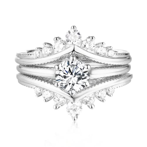 Engagement Ring for Women Bridal Sets 1Ct Round Moissanite Engagement Ring Set 3 Piece Set Wedding Ring Set Platinum Plated Silver Promise Rings Anniversary size10.5