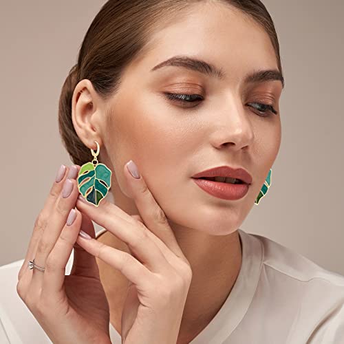 Gift Earrings Bohemian Green Leaf Earrings for Women, Enamel Jewelry for Women, Monstera Leaves Plant Pendant Drop Dangle Earrings for Women Mens with Box Gift Package, Hoop