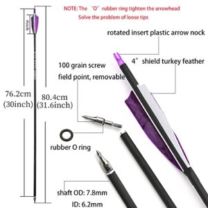 ZSHJGJR 30 Inch Archery Carbon Arrows Hunting Arrows with 4” Turkey Feather Target Practice Arrows Spine 500 for Compound & Recurve &Traditional Bow 6/12pcs (12 x purple arrows)