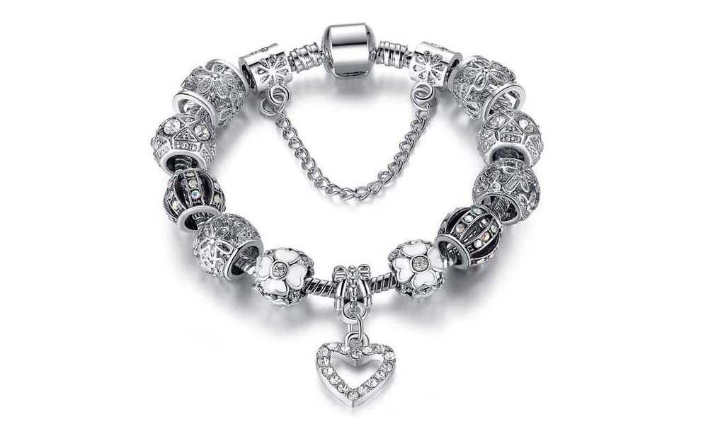 Verona Jewelers Snake Chain Charm Bracelet Crystal and Murano for Women- Womens Glass bracelets (silver)