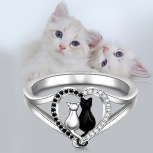 Cat Ring Cat Rings for Women Black Cats Ring Remembrance White Black Cats Couple Sterling Silver Animal Lovers Jewelry Size 8