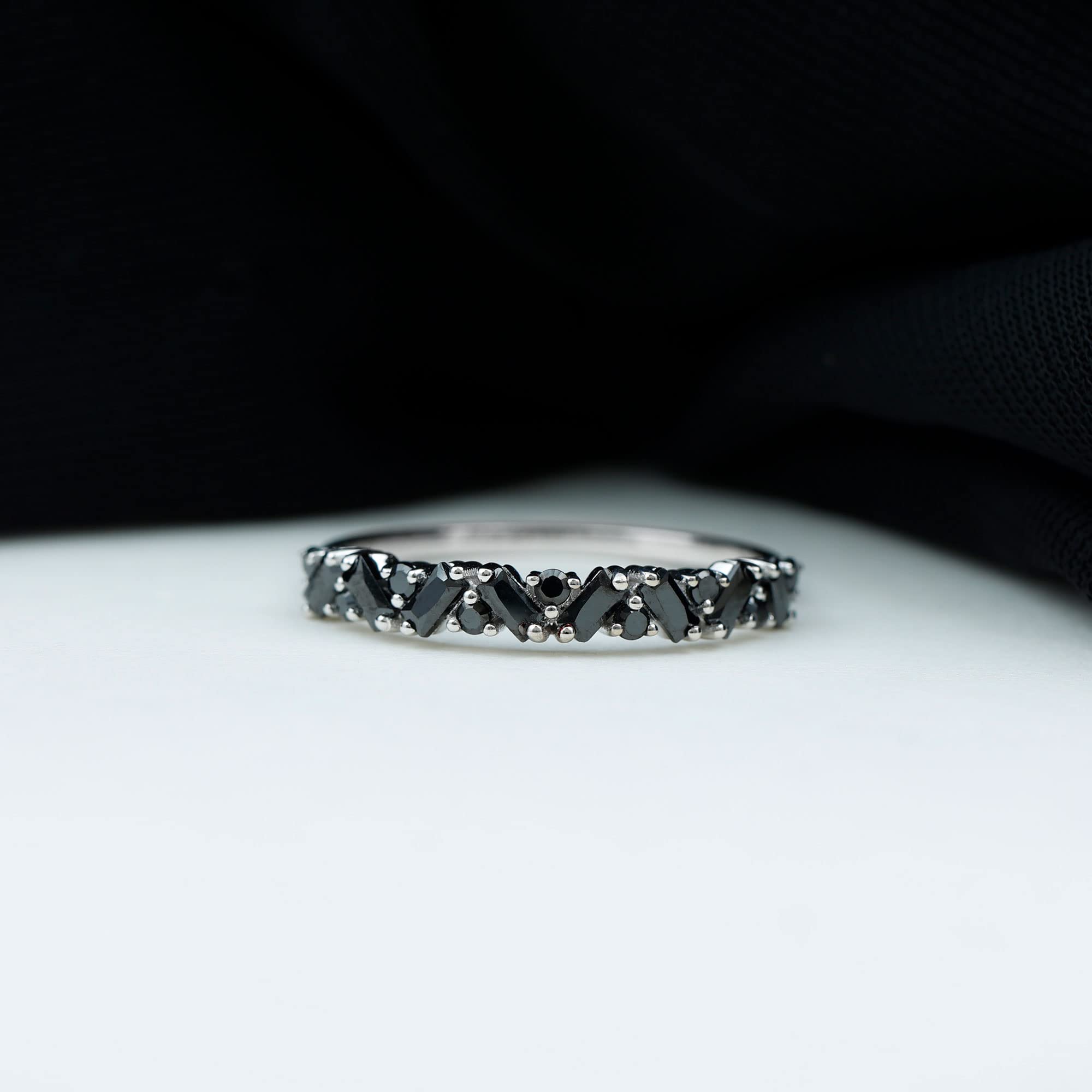 Natural Black Spinel Half Eternity Ring for Women, Aaa Quality, August Birthstone, 14K White Gold, Size:US 7.00