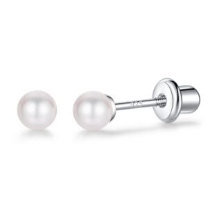 LUCKMORA 925 Sterling Silver Small Pearl Earrings with safety backs in 4 mm White Simulated Pearl Hypoallergenic Screwback Earrings for Women (4mm)