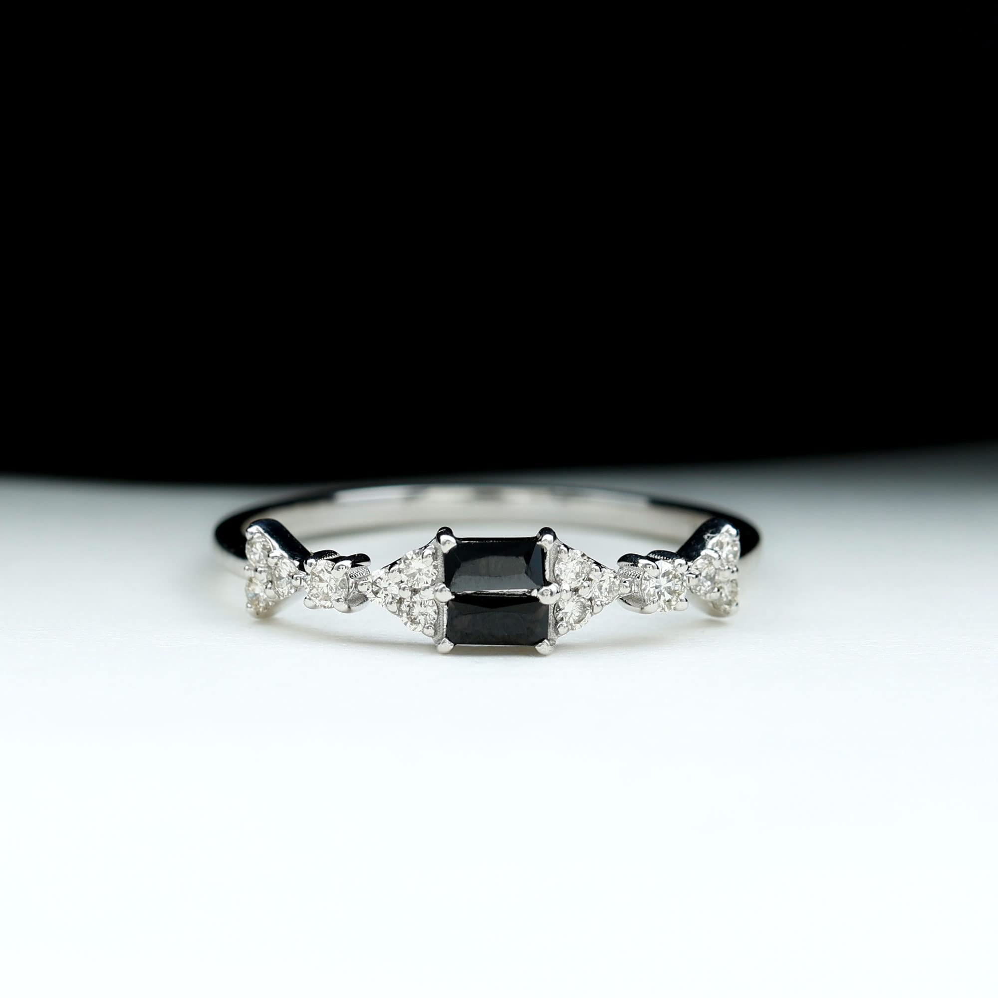 Baguette Black Onyx Promise Ring For Women, Natural Black Onyx Ring with Diamond, 14K White Gold, Size:US 10.00