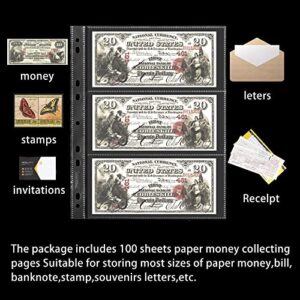 100 Sheets Currency Pages for Paper Money Collection - 3 Pockets Currency Sleeves/Currency Holder Collecting Album Pages for Paper Money Bill Banknote Coupon IN02100