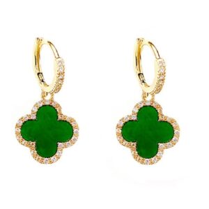 XUDEJUN Gold Plated 925 Sterling Silver Gem Hoop Earrings Clover Designs with Crystal Charms Crystal Natural Gemstone Dangle Earrings for Women (Malachite Green)…………