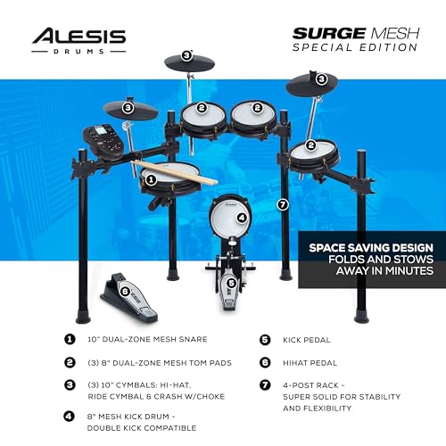 Alesis Drums Surge Mesh SE Kit - Electric Drum Set with USB MIDI Connectivity, Quiet Mesh Heads, Drum Module, Solid Rack, 40 Kits and 385 Sounds