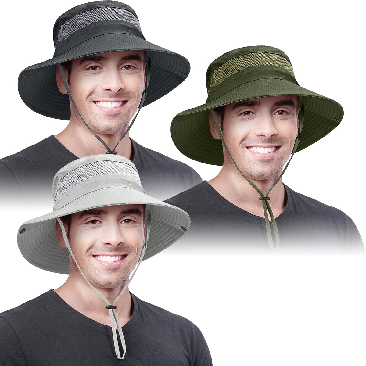 3 Pack Mens Boonie Sun Hat Women UV Protection Outdoor Bucket Hat with Wide Brim for Fishing,Hiking,Safari & Gardening (3 Pack-Dark Grey＆Light Grey＆Army Green)