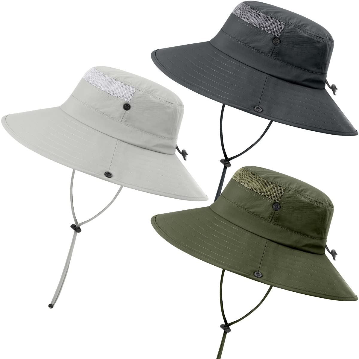 3 Pack Mens Boonie Sun Hat Women UV Protection Outdoor Bucket Hat with Wide Brim for Fishing,Hiking,Safari & Gardening (3 Pack-Dark Grey＆Light Grey＆Army Green)