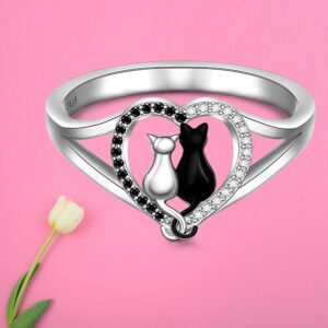 Cat Ring Cat Rings for Women Black Cats Ring Remembrance White Black Cats Couple Sterling Silver Animal Lovers Jewelry Size 8