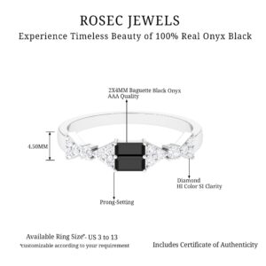 Baguette Black Onyx Promise Ring For Women, Natural Black Onyx Ring with Diamond, 14K White Gold, Size:US 10.00