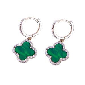 XUDEJUN Gold Plated 925 Sterling Silver Gem Hoop Earrings Clover Designs with Crystal Charms Crystal Natural Gemstone Dangle Earrings for Women (Malachite Green)…………