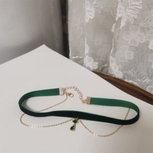 Love Heart Velvet Zircon Bead Choker Collar Necklace Adjustable Retro Knot Clavicle Chain Necklace for Women Wedding Party Aesthetic Jewelry Birthday Gift-G green