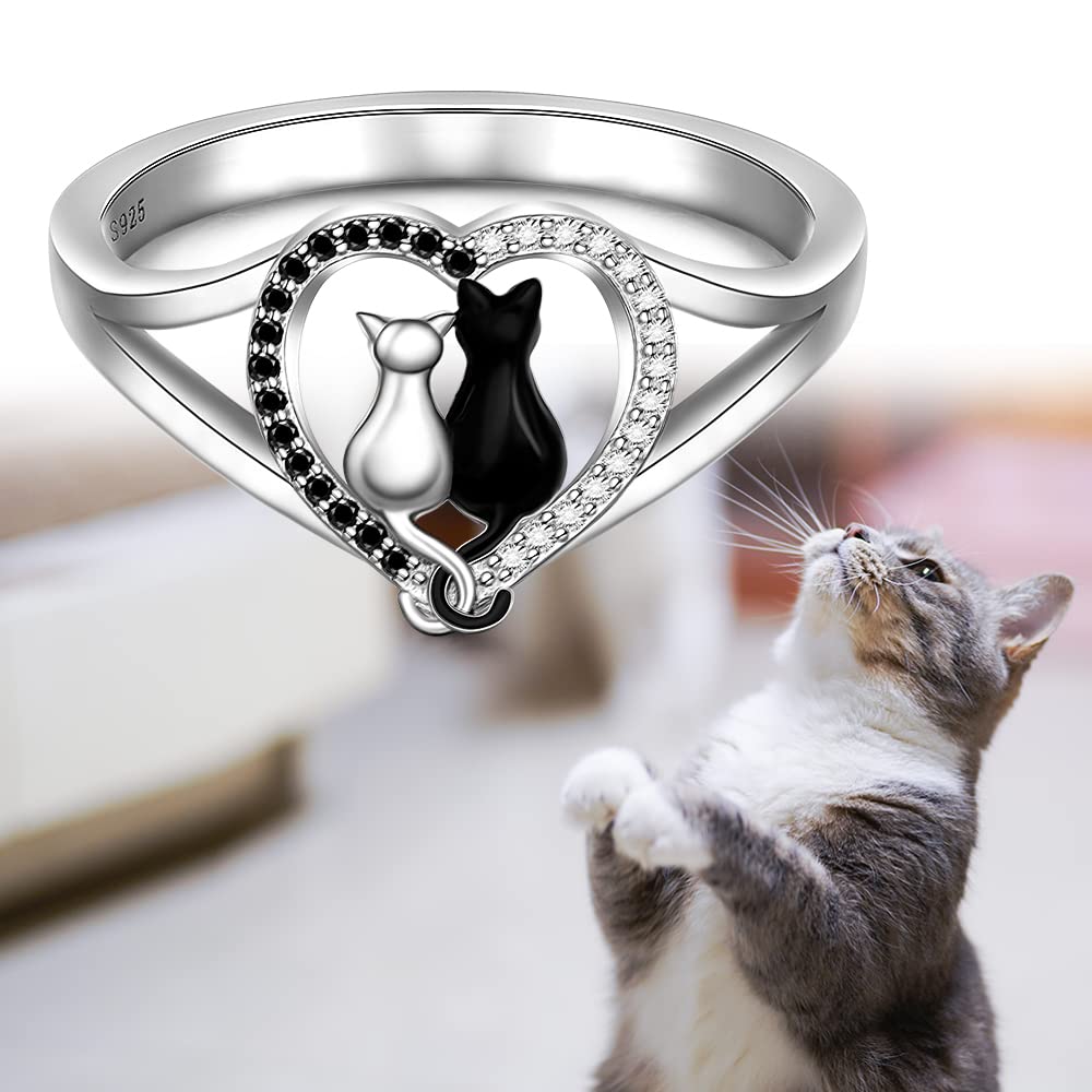 Cat Ring Cat Rings for Women Black Cats Ring Remembrance White Black Cats Couple Sterling Silver Animal Lovers Jewelry Size 8