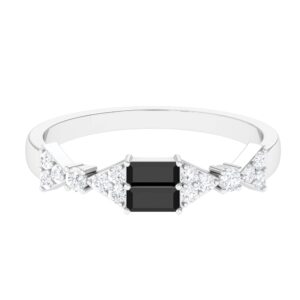 Baguette Black Onyx Promise Ring For Women, Natural Black Onyx Ring with Diamond, 14K White Gold, Size:US 10.00