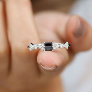 Baguette Black Onyx Promise Ring For Women, Natural Black Onyx Ring with Diamond, 14K White Gold, Size:US 10.00