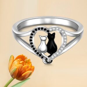 Cat Ring Cat Rings for Women Black Cats Ring Remembrance White Black Cats Couple Sterling Silver Animal Lovers Jewelry Size 8