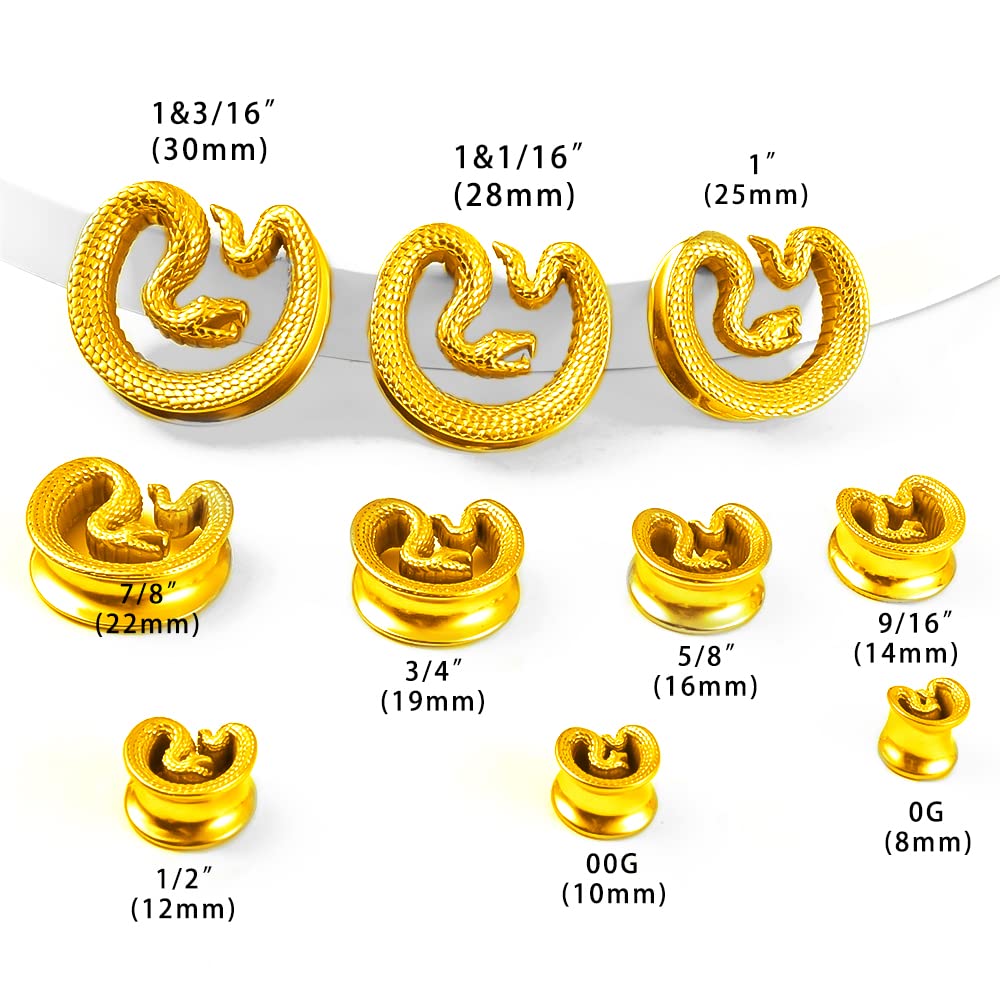 DOEARKO 2PCS Fashion Snake Saddle Ear Plugs Body Piercing Tunnels 316 Stainless Steel Hypoallergenic Earrings Plugs for Ears Expander Body Jewelry (19mm(3/4"), gold)