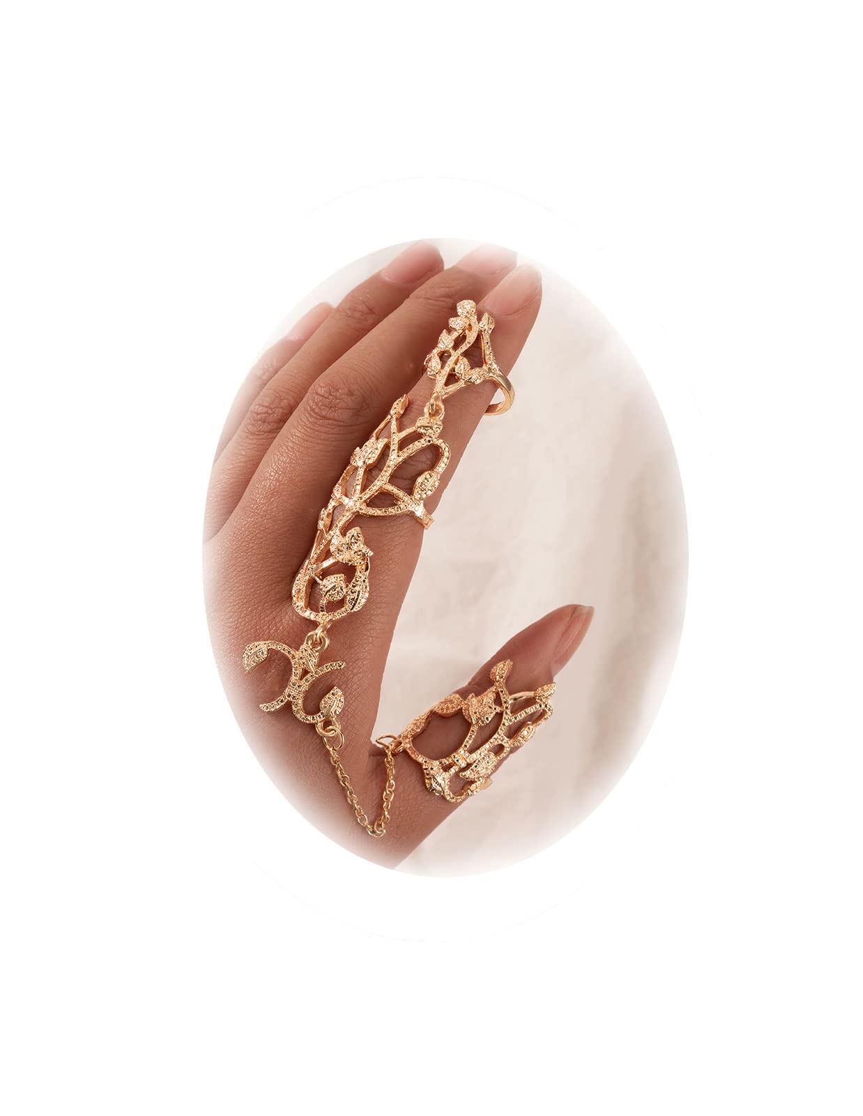 Full Finger Ring for Women Hand Chain Leaf Charm Finger Ring Bracelet with Chain Knuckle Open Long Finger Ring Hand Chains Adjustable Ring Bracelet Hand Chain Jewelry(Gold）