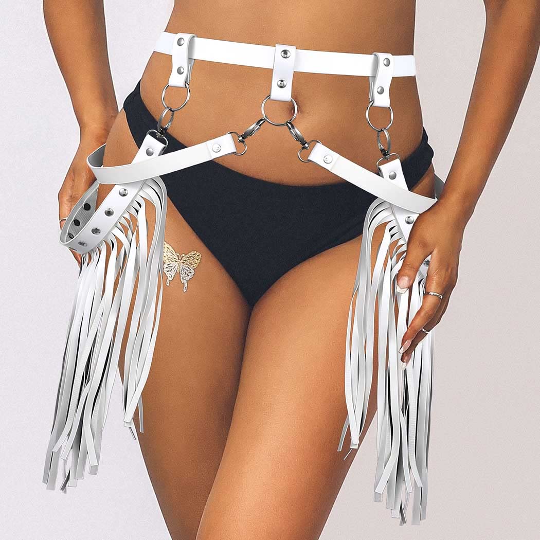 Asooll Punk Leather Waist Chain Tassel Fringe Belly Belt Harness Bikini Rave Body Accessories Jewerly for Women and Girls (White)