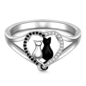 Cat Ring Cat Rings for Women Black Cats Ring Remembrance White Black Cats Couple Sterling Silver Animal Lovers Jewelry Size 8