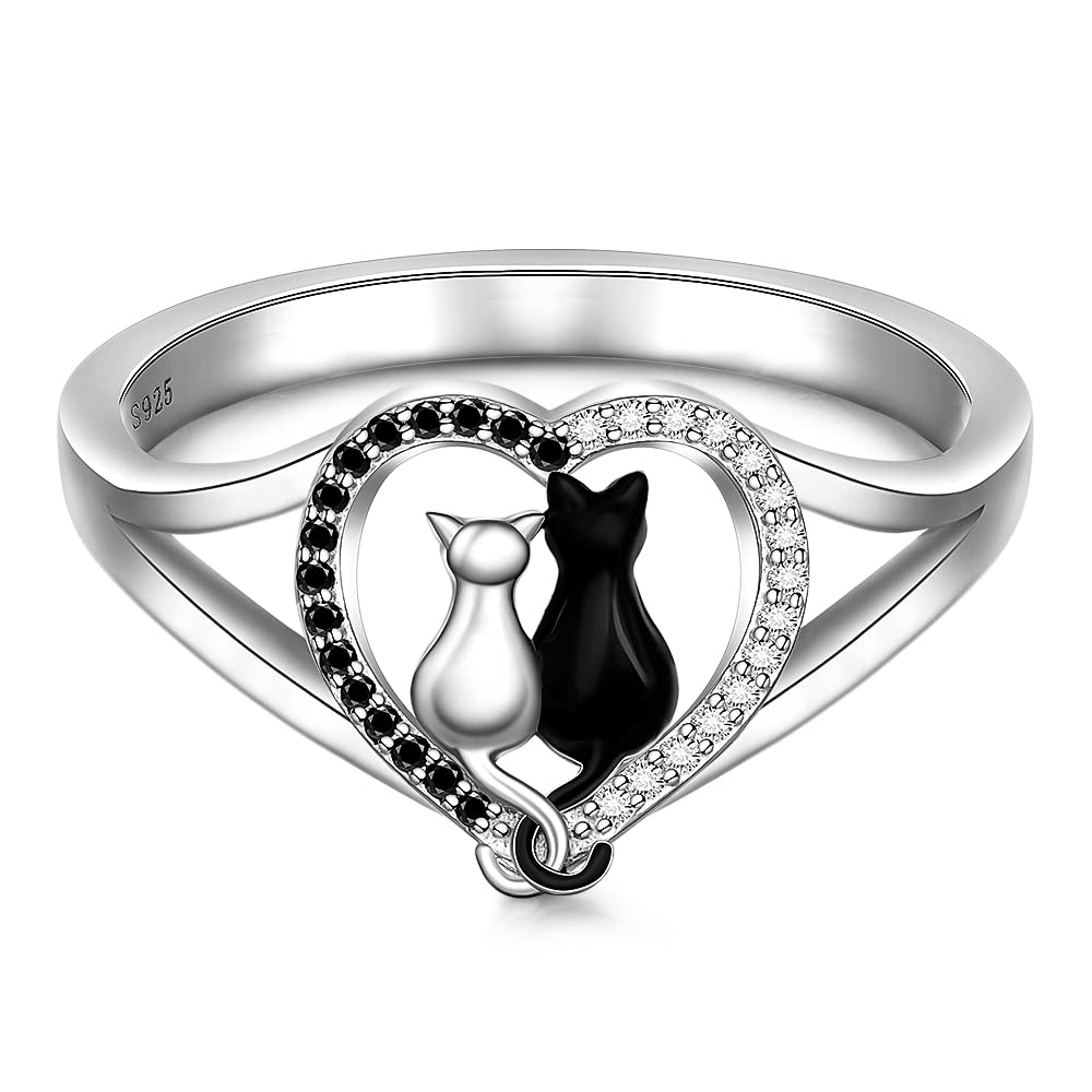 Cat Ring Cat Rings for Women Black Cats Ring Remembrance White Black Cats Couple Sterling Silver Animal Lovers Jewelry Size 8