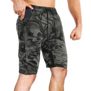 BROKIG Mens Thighs Mesh Gym Workout Shorts, Bodybuilding Slim Athletic Running Shorts for Men with Zipper Pockets (Camo Green,Small)