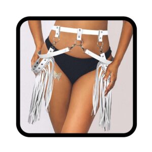 Asooll Punk Leather Waist Chain Tassel Fringe Belly Belt Harness Bikini Rave Body Accessories Jewerly for Women and Girls (White)