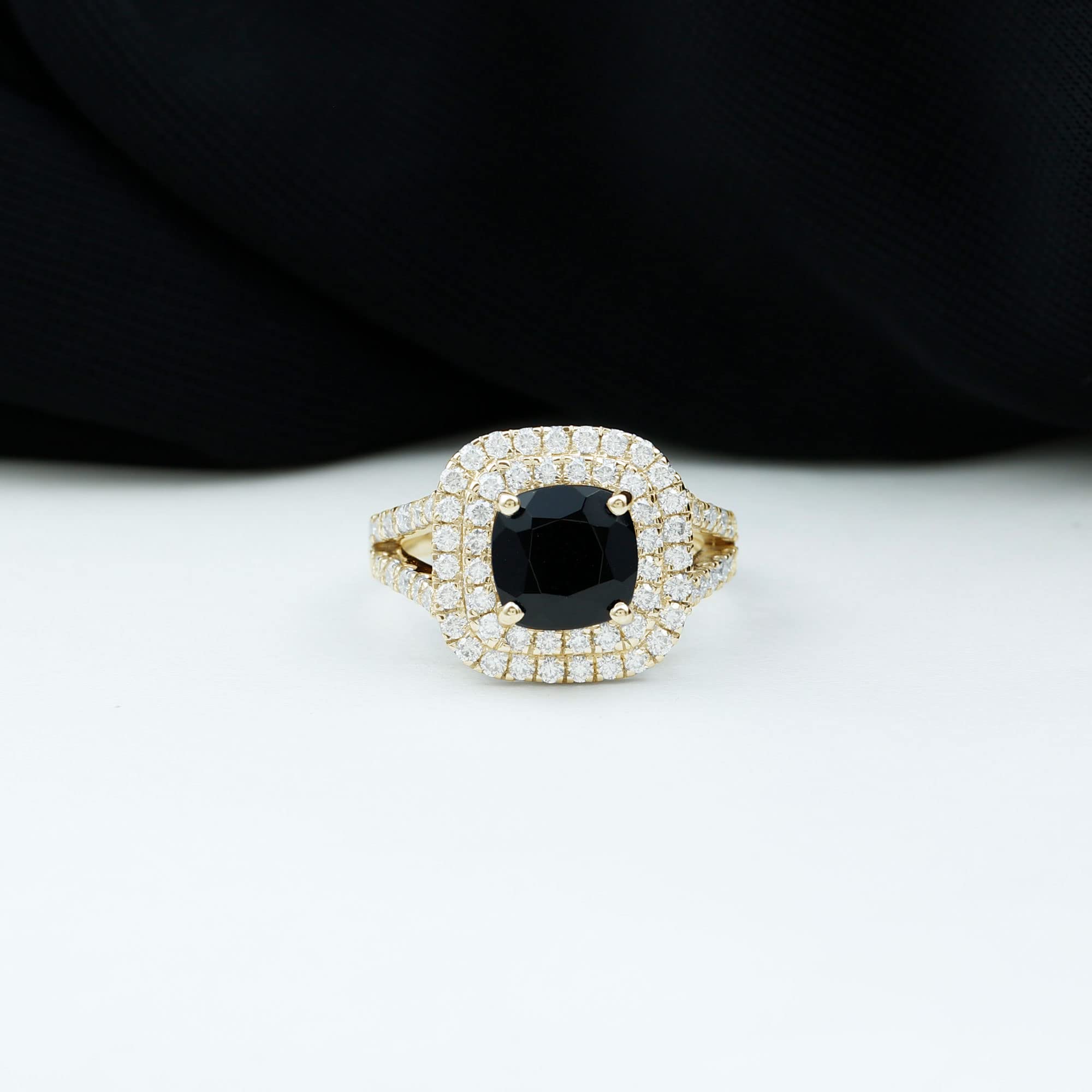 Natural Black Onyx 8MM Cushion Cut Engagement Ring, Black Onyx Double Halo Ring - AAA Quality with Certificate, 14K Yellow Gold, Size:US 12.50