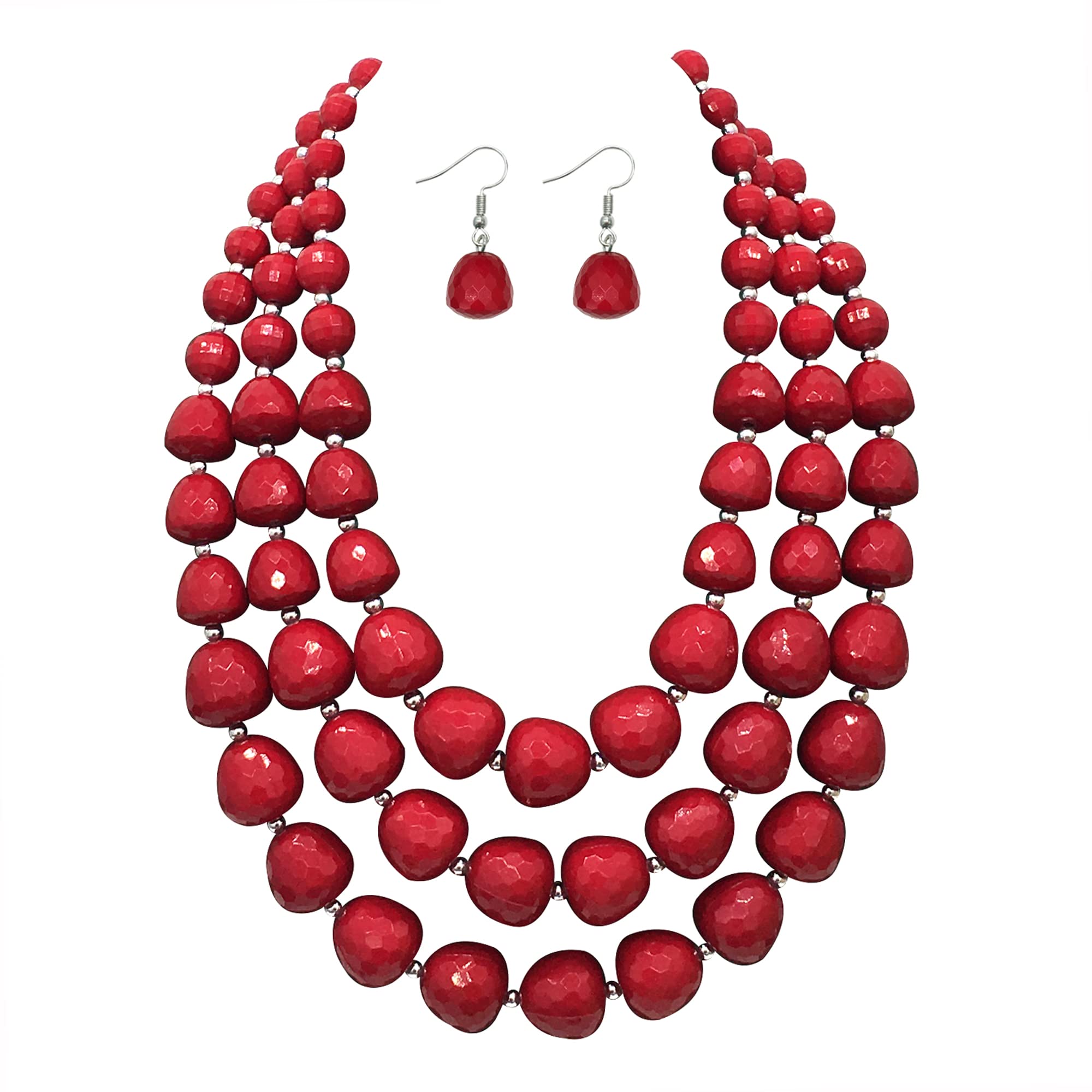 RUIYIMING Statement Chunky Multi Strand Colorful Beaded Necklace For Women Fashion Costume Jewelry Earring Set Bold African Acrylic Large Strawberry Bead 3 Layered Bib Collar Choker (red)