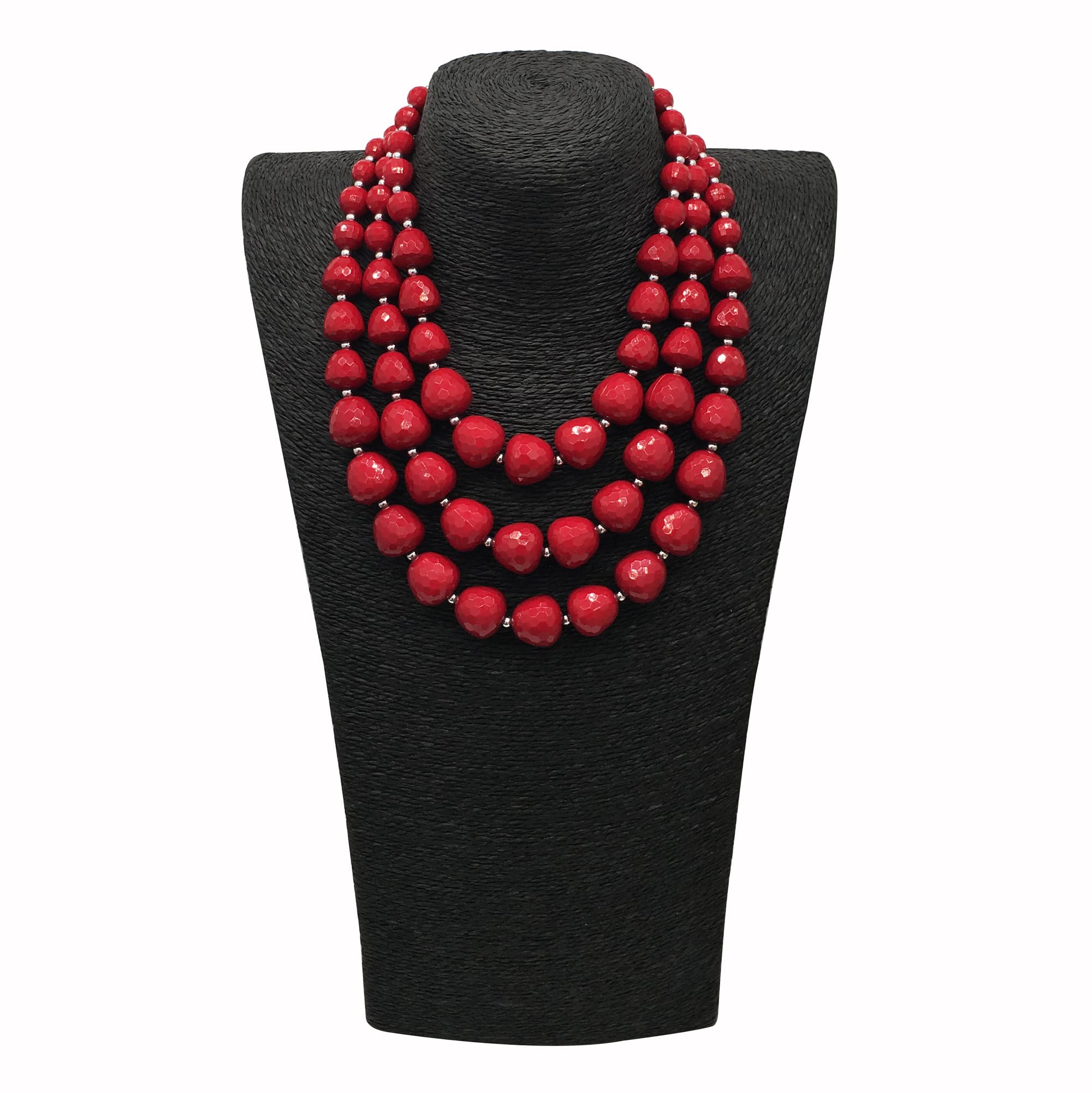 RUIYIMING Statement Chunky Multi Strand Colorful Beaded Necklace For Women Fashion Costume Jewelry Earring Set Bold African Acrylic Large Strawberry Bead 3 Layered Bib Collar Choker (red)