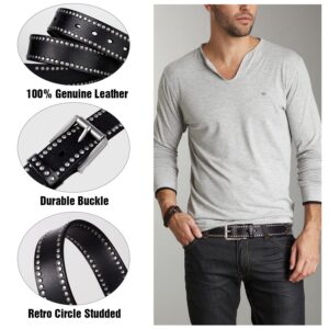 FIORETTO Mens Studded Genuine Leather Belts For Jeans Vintage Retro Circle Rivets Belt With Buckle Black