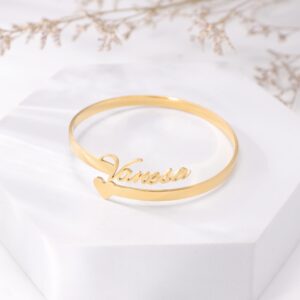 Jecivila Personalized Name Bracelets, 18K Gold Custom Engraved Name Cuff Bangle Bracelets for Women, Mom, Daughter, Personalized Jewelry Gifts for Her