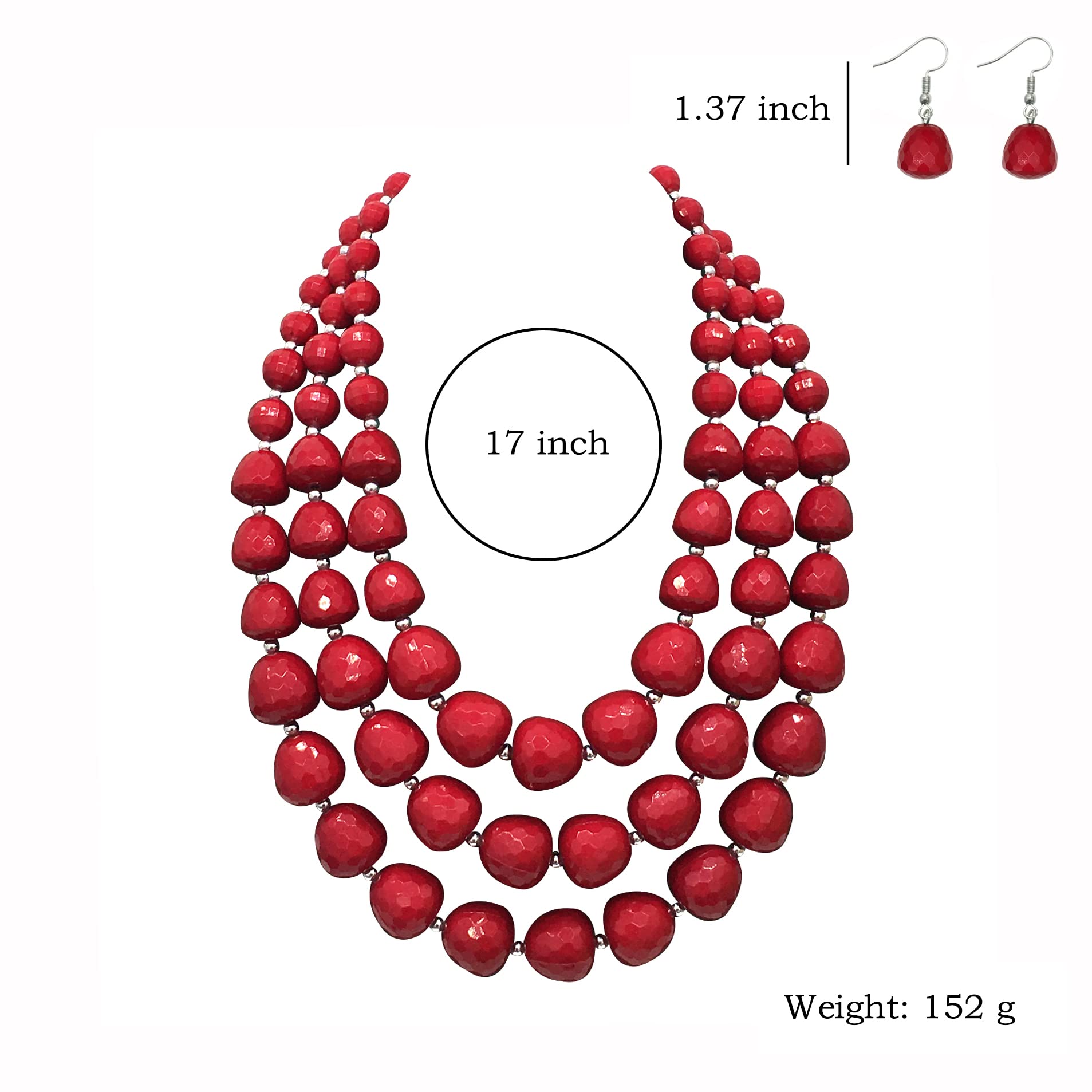 RUIYIMING Statement Chunky Multi Strand Colorful Beaded Necklace For Women Fashion Costume Jewelry Earring Set Bold African Acrylic Large Strawberry Bead 3 Layered Bib Collar Choker (red)