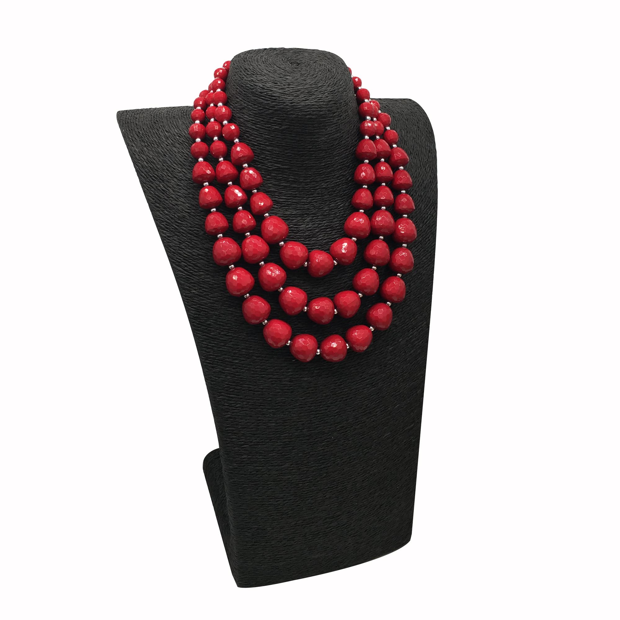 RUIYIMING Statement Chunky Multi Strand Colorful Beaded Necklace For Women Fashion Costume Jewelry Earring Set Bold African Acrylic Large Strawberry Bead 3 Layered Bib Collar Choker (red)