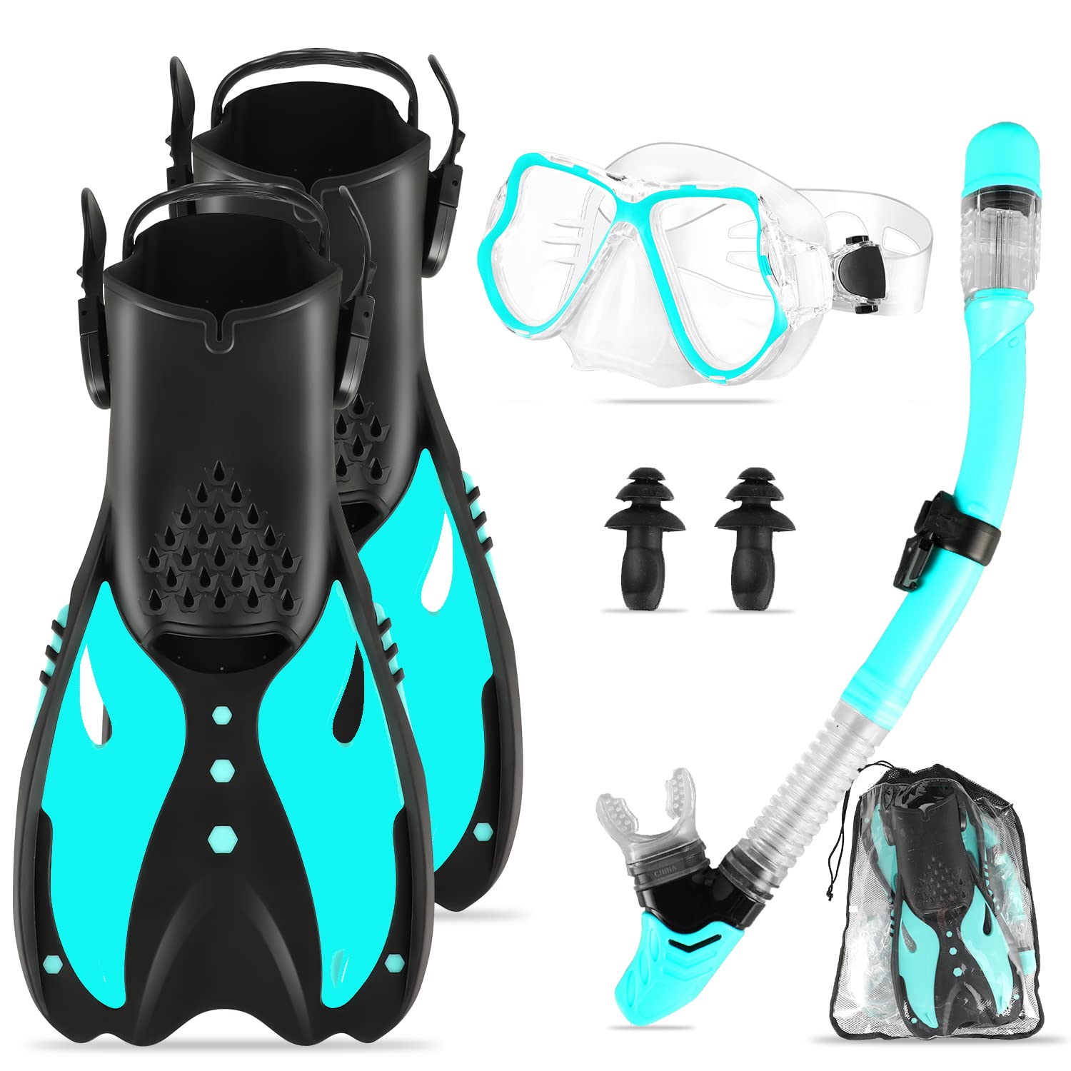 Snorkeling Gear for Adults, Mask Fins Snorkel Set with Diving Mask and Dry Top Snorkel Gear for Snorkeling Swimming Diving