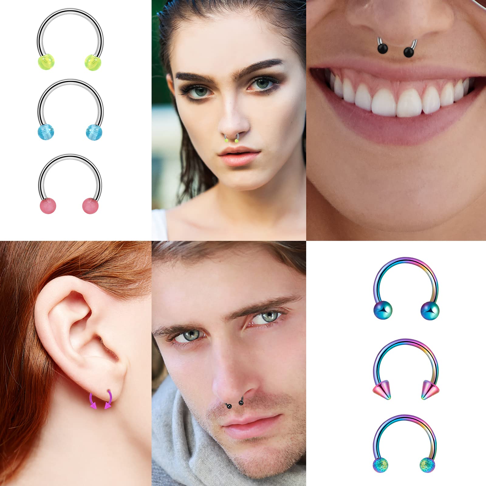 ONESING 80 Pcs, 16g, Septum Rings for Women Septum Piercing Horseshoe Nose Hoop Lip Tragus Cartilage Earrings Hypoallergenic Stainless Steel Body jewelry 10mm