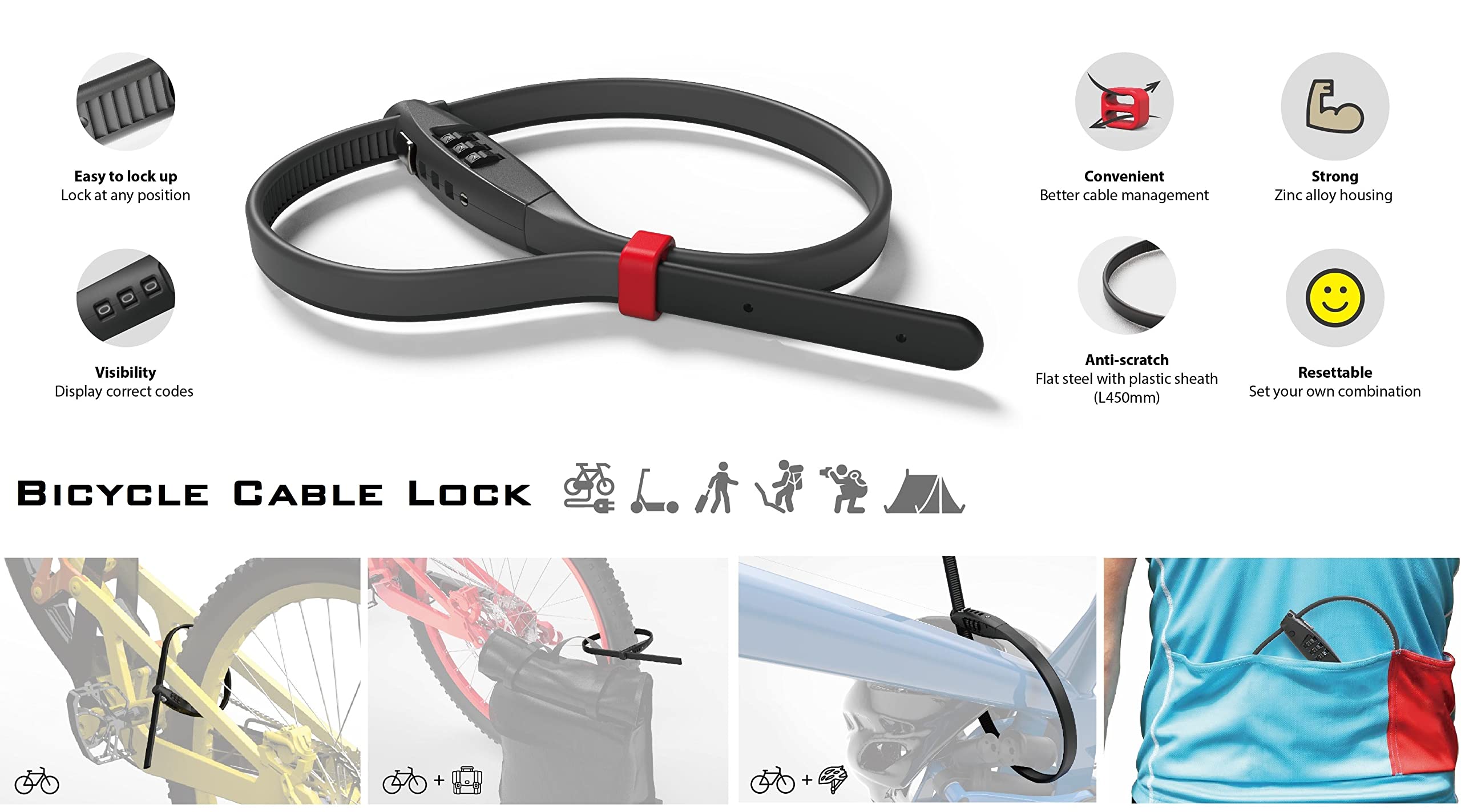 18” Zip Combination Keyless Cable Lock Lightweight Bike/Scooter/Luggage Lock Item Bike Lock (1)